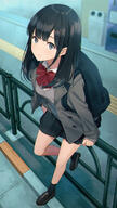 backpack bag bare_legs black_eyes black_footwear black_legwear black_skirt blurry bow bowtie closed_mouth coat depth_of_field expressionless footwear from_above hyuuga_azuri legwear loafers long_sleeves looking_at_viewer miniskirt open_clothes open_coat pixiv_79324046 pleated_skirt railing school_uniform shoes skirt small_breasts socks solo undershirt uniform // 750x1334 // 353.6KB