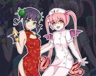 1_female 2_females bottle china_dress chinese_clothes corona-chan corona_(brand) corona_virus coronavirus dress ebola ebola-chan ebola_chan female garrison_cap hair_tie multiple_females pink_hair twintails wings yellow_eyes // 440x350 // 61.1KB