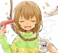 androgynous bad_id bad_twitter_id brown_hair chara_(undertale) closed_eyes commentary_request cup firearm gun gun_to_head knife mature misha_(hoongju) mug noose open_mouth petals poison reaction safe smile striped suicide undertale weapon // 600x550 // 60.1KB