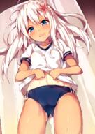 1_female alternate_costume bag bewitching_thighs bloomers blue_buruma blue_eyes blush breasts buruma camel_toe clothes_lift commentary_request cowboy_shot d danbooru dark_skin double_vertical_stripe eyebrows_visible_through_hair female flower from_above gym_shirt gym_uniform hair_flower hair_ornament head_tilt high_resolution kantai_collection lifted_by_self lo500 long_hair lying mature on_back one-piece_tan open_mouth panties panties_under_buruma panty_peek pixiv_375096 pixiv_65804793 questionable revision ro-500_(kantai_collection) safe sankaku_channel shiny shiny_hair shiny_skin shirt shirt_lift short_sleeves silver_hair small_breasts smile solo sweat tan tan_lines tanned tareme tareme_eyes thighs top_lift unacchi unacchi_(nyusankin) underwear uniform viewed_from_above white_panties white_shirt white_underwear うなっち＠4日目西れ60b うなっち＠c97新刊委託中 おへそみせろーちゃん へそチラ 呂500 提督love 艦これかわいい // 928x1311 // 1.1MB