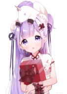 117maeba 1_female azur_lane bangs black_ribbon blush box breasts bun_cover chestnut_mouth china_dress chinese_clothes commentary_request double_bun dress eyebrows_visible_through_hair female gift gift_box hair_bangs hair_ribbon head_tilt looking_at_viewer maeha medium_breasts object_hug on_head open_mouth parted_lips purple_eyes purple_hair ribbon safe short_sleeves simple_background solo stuffed_alicorn stuffed_animal stuffed_toy unicorn_(azur_lane) unicorn_(spring's_present)_(azur_lane) upper_body white_background white_dress wrist_cuffs まえ葉 春の贈り物 // 636x900 // 456.5KB