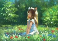1_female animal_ears arthropod between_legs blue_eyes brown_hair bug bush butterfly butterfly_on_head cat_ears catgirl catperson child day dress ears female flower forest from_side full_body grass hand_between_legs high_resolution insect loli lolibooru.moe long_hair looking_away looking_up meadow nature on_grass on_ground original outside parted_lips safe short_sleeves sitting solo sunlight v_arms wasabi60 white_dress // 1771x1254 // 338.8KB