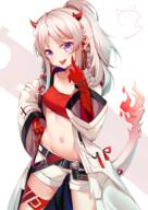1_female __arknights_drawn_by_nahaki__f01dcfdb2bc5b24d630a90b4035fb977 arknights belt black_belt blush braid breasts character coat collarbone commentary_request crop_top demon_horns ears female grey_hair hair_ornament hand_up head_tilt high_resolution horns legwear long_sleeves looking_at_viewer mature midriff multicolored_hair nahaki nahaki401 navel nian_(arknights) open_clothes open_coat parted_lips point_of_view pointy_ears ponytail purple_eyes questionable red_hair safe short_shorts shorts small_breasts solo streaked_hair tail tail-tip_fire tattoo teeth tied_hair tongue tongue_out upper_teeth white_coat white_shorts wide_sleeves yande.re アークナイツ1000users入り ニアン(アークナイツ) 小年！ 年 // 1200x1697 // 2.0MB