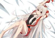 1_female 1girl ahoge bangs bare_legs bare_shoulders barefoot bed_sheet black_shirt breasts chiya chiya_(urara_meirochou) closed_mouth collarbone commentary_request female hair_between_eyes halter_top halterneck high_resolution highres kaiven legs long_hair looking_at_viewer lying mature medium_breasts on_back orange_eyes point_of_view red_skirt safe shirt silver_hair skirt sleeveless sleeveless_shirt smile solo urara_meirocho urara_meirochou very_long_hair // 2952x2031 // 2.3MB