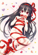 1_female black_hair blush candy chocolate chocolate_heart cura eyebrows_visible_through_hair female food gift hachiroku_(maitetsu) heart high_resolution holding holding_gift long_hair looking_at_viewer maitetsu naked_ribbon official_art point_of_view red_eyes ribbon safe solo wrist_ribbon // 1516x2177 // 571.4KB