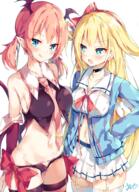 2_females absurd_resolution bare_shoulders between_breasts black_choker blonde_hair blue_eyes blue_shirt blush bow breasts brown_shirt brown_wings choker closed_mouth collared_shirt crop_top cross_choker danbooru demon demon_girl demon_tail demon_wings detached_sleeves ears fantia_reward female garter_straps gelbooru groin hair_bow hair_flaps hair_ornament hair_tie hairband hand_on_hip head_tilt head_wings heart_cutout high_resolution horns large_filesize legwear lingerie long_hair long_sleeves low_twintails lucia_primrose male mature medium_breasts mini_wings multiple_females navel necktie necktie_between_breasts open_mouth original paid_reward panties pink_neckwear pleated_skirt pointy_ears q questionable raised_tail raphilia_meredith red_bow red_eyes red_hairband red_sleeves safe safebooru sankaku_channel school_uniform seifuku shirt short_twintails signature simple_background skindentation skirt sleeveless sleeveless_shirt sleeves_past_fingers sleeves_past_wrists small_breasts smile stockings striped striped_legwear sweat tail tail_raised thigh-highs tied_hair tongue tongue_out twintails unacchi unacchi_(nyusankin) underwear uniform v-shaped_eyebrows very_high_resolution very_long_hair white_background white_legwear white_skirt white_wings wings yande.re // 2960x4093 // 6.8MB