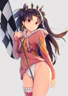 alternate_costume between_legs checkered_flag dark_hair earrings fate_(series) fate_grand_order flag floating_hair fringe fur fur_collar fur_trim girl grey_background groin hair_ribbon holding hood hoodie ishtar_(fate_grand_order) ishtar_(swimsuit_rider)_(fate) light_erotic long_hair long_sleeves looking_away race_queen red_eyes ribbon_(ribbons) simple_background single single_thighhigh swimsuit_under_clothes tall_image thighhighs turning two_side_up yan_(nicknikg) // 992x1403 // 806.4KB