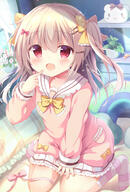 1_female bangs bed bed_sheet bedroom bow collar curtains d eyebrows_visible_through_hair flower_pot frilled_collar frilled_pillow frills hair_ornament hair_ribbon hairclip hat_ornament high_resolution inside kotoriifu light_brown_hair lolibooru.moe looking_at_viewer open_mouth original pajamas pillow pink_bow pink_pajamas red_eyes ribbon safe smile solo striped striped_legwear stuffed_animal stuffed_toy twintails window yellow_bow yellow_neckwear // 1141x1683 // 436.3KB
