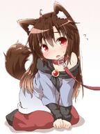 1_female 1girl animal_ears animal_tail blush brooch brown_hair collar dress ears explicit fang fangs female flying_sweatdrops gradient gradient_background imaizumi_kagerou jewelry kneeling long_hair long_sleeves looking_to_the_side natsu_no_koucha off-shoulder off_shoulder open_mouth polka_dot polka_dot_background red_eyes safe sankaku_channel simple_background solo_focus sweat sweatdrop tail touhou wolf_ears wolf_tail // 600x800 // 69.0KB