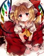 1_female ascot blonde_hair blush bow closed_mouth collarbone crystal danbooru dress explicit female flandre_scarlet hat hat_bow heart heart-shaped_pupils looking_at_viewer mob_cap point_of_view ponytail puffy_short_sleeves puffy_sleeves red_bow red_dress red_eyes safe short_hair short_sleeves side_ponytail sitting smile solo symbol-shaped_pupils tied_hair touhou uguisu_mochi_(ykss35) wings wrist_cuffs // 634x800 // 665.5KB