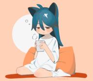 1_female animal_ears animal_tail antenna_hair bangs blue_hair blush_stickers cat_ears cat_tail catgirl catperson closed_mouth cup dark_blue_hair drink ears female from_side full_body hair_between_eyes half-closed_eyes hands_up head_down holding holding_cup lolibooru.moe long_hair looking_down niwabuki no_shoes noshime_ruka original pillow pink_background red_eyes ruka_(niwabuki) safe shirt short_sleeves signature simple_background sitting sleepwear sleepy smile socks solo steam tail two-tone_background wariza white_legwear white_shirt // 938x815 // 195.9KB
