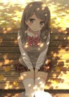 1_female autumn autumn_leaves bangs bench between_legs blush bow breasts collared_shirt commentary dappled_sunlight day english_commentary explicit female grey_eyes grey_hair grey_sweater grey_vest hair_ornament hairclip hand_between_legs leaf long_hair long_sleeves looking_at_viewer medium_breasts open_mouth original outside park park_bench petals plaid plaid_skirt point_of_view red_bow red_neckwear safe school_uniform shade shirt skirt solo sunlight sweater sweater_vest swept_bangs thighhighs tsuke_(maholabo) uniform v_arms vest white_legwear white_shirt zettai_ryouiki // 708x1000 // 991.5KB