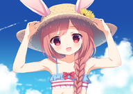 1_female animal_ears arms_up bare_arms bare_shoulders braid brown_hair bunny_ears chitosezaka_suzu cloud commentary_request day ears ears_through_headwear explicit female flower hair_over_shoulder hands_on_headwear hat holding holding_hat long_hair looking_at_viewer open_mouth original outside pixiv_58614056 point_of_view red_eyes safe single_braid sky solo straw_hat sunflower suzu_(kosakabe) suzu_0131 swimsuit upper_body 千歳坂すず 水着ロシェちゃん // 906x648 // 458.1KB