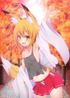 1_female animal_ears animal_tail arm_up armpits autumn autumn_leaves bare_shoulders blonde_hair blush breasts camisole collarbone danbooru ears explicit female fox_ears fox_tail hair_between_eyes hakama hakama_skirt japanese_clothes kimono looking_at_viewer merukiarisu merxkialis midriff miko navel open_clothes open_kimono open_mouth original outside panties pixiv_56703502 pixiv_6220985 point_of_view safe short_hair sideboob small_breasts smile solo strap_slip tail teeth tree underwear white_panties wide_sleeves yellow_eyes メルキアリス 秋の土地神様 // 648x906 // 1.2MB