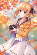 1_female ahoge autumn autumn_leaves bangs black_ribbon blonde_hair blue_eyes blunt_bangs blurry blurry_background blush brand_name_imitation camera closed_mouth cowboy_shot day depth_of_field drawstring dress eyebrows_visible_through_hair falling_leaves female hair_ornament hair_ribbon hairclip high_resolution holding holding_camera holding_object hood hood_down hooded_jacket jacket leaf leaf_hair_ornament long_hair long_sleeves looking_at_viewer n2_(yf33) open_clothes open_jacket original outside point_of_view ribbon safe smile solo white_dress yellow_jacket // 1405x2115 // 4.3MB