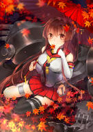 10s 1_female anchor autumn autumn_leaves bangs breasts brown_eyes brown_hair covered_navel detached_sleeves explicit female flower hair_flower hair_ornament headgear holding holding_leaf holding_object holding_umbrella kagachi_saku kantai_collection large_breasts leaf leaf_on_head long_hair looking_at_viewer machinery miniskirt navel oriental_umbrella partially_submerged pleated_skirt point_of_view ponytail red_skirt red_umbrella rope safe sakuyosi single_thigh-high sitting sitting_sideways skirt smile solo tassel thighhighs tied_hair turret umbrella very_long_hair yamato_(kantai_collection) // 707x1000 // 676.6KB