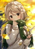 1_female ahoge aran_sweater autumn autumn_leaves blurry blurry_background blush brown_eyes cable_knit covering_mouth dappled_sunlight duplicate enpera explicit eyebrows falling_leaves female ginkgo green_scarf grey_sweater hair_between_eyes head_tilt holding hyuuga_azuri jpeg_artifacts leaf long_hair long_sleeves looking_at_viewer original outside point_of_view safe scarf sleeves_past_wrists solo sunlight sweater tareme // 800x1119 // 158.7KB