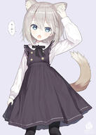 1_female 1girl animal_ear_fluff animal_ears animal_tail arm_up bangs black_bow black_dress black_legwear black_pantyhose black_ribbon black_skirt black_thighhighs blue_eyes blush bow canine capriccio caprin134 chestnut_mouth collared_shirt commentary_request dog dog_ears dog_girl dog_tail dress ears extra_ears eyebrows_visible_through_hair female fringe girl grey_background grey_hair hair_between_eyes hand_on_head head_tilt hibana_(artist) inumimi japanese_language japanese_text legwear loli long_hair long_sleeves looking_at_viewer mammal mobile_wallpaper one_arm_up open_mouth original original_character pantyhose pleated_dress ribbon safe shirt short_hair signed simple_background single skirt sleeveless sleeveless_dress solo speech_bubble tail tall_image text thighhighs third-party_edit translation_request white_background white_shirt かぷりちお 柴山わんこ // 714x1000 // 165.8KB