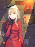 10s 1_female against_wall arm_at_side autumn autumn_leaves beret black_gloves blush brick_wall brown_scarf closed_mouth coat commentary_request explicit falling_leaves female girls_und_panzer gloves hand_on_own_chest hat leaf long_hair long_sleeves outside primamiya red_coat safe scarf shimada_chiyo shiny shiny_hair sign single_sidelock smile solo tareme upper_body // 729x979 // 973.0KB