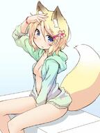 1_female 1girl animal_ears animal_tail between_legs blonde_hair blue_eyes breasts commentary_request ears explicit eyebrows_visible_through_hair female female_focus female_only fox_ears fox_tail hair_ornament hairclip hand_between_legs hand_up hood hoodie looking_at_viewer medium_breasts naked_hoodie natsu_no_koucha no_bra no_pants open_clothes open_hoodie original point_of_view safe sankaku_channel short_hair simple_background sitting smile solo solo_female tail white_background // 600x800 // 67.4KB