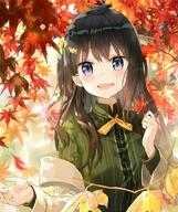 1_female autumn autumn_leaves beige_jacket blue_eyes blush breasts brown_hair character commentary_request danbooru day eyebrows_visible_through_hair female flower fumi_sensei fuumi_(radial_engine) green_shirt hair_between_eyes hair_flower hair_ornament hairpin happy jacket jewelry leaf long_hair looking_at_viewer maple_leaf medium_breasts off-shoulder open_mouth outside point_of_view purple_eyes ribbon safe safebooru sankaku_channel series shin_gengou_calendar shirt solo spring_(season) upper_body yellow_neckwear yellow_ribbon // 600x716 // 113.9KB
