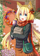 1_female animal_ear_fluff animal_ears autumn bag bangs black_sweater blonde_hair blush bow brown_skirt cat_ears coconat_summer commentary d danbooru ears explicit fangs female flower flower_wreath food gelbooru green_eyes hair_bow hair_intakes hair_ornament high_resolution holding holding_food leaf_hair_ornament long_hair long_sleeves looking_at_viewer open_mouth original paper_bag pixiv_22024153 pixiv_71560449 plaid plaid_scarf plaid_skirt plant red_bow red_scarf safe safebooru scarf ship's_wheel shoulder_bag skirt smile solo sweater sweet_potato tied_hair twintails vegetable vines yakiimo ココ夏 秋きつねちゃん // 848x1200 // 1.2MB