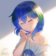 1_1_aspect_ratio 1_female 1girl absurd_resolution acrylicstroke artist_name bandaid bandaid_on_face bandaid_on_head blue_hair blush bruise bruise_on_face clavicle closed_eyes collarbone commentary crying earth-chan english english_commentary eyebrows_visible_through_hair eyes_closed female green_hair grin hair_between_eyes high_resolution injury large_filesize light medium_hair multicolored_hair nasa_logo original sad_smile safe shadow shirt signature smile solo tears upper_body very_high_resolution white_shirt // 4676x4676 // 8.1MB