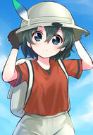 1_female 1girl adjusting_clothes adjusting_hat backpack bag black_gloves black_hair blue_eyes blue_sky blush closed_mouth cloud day female gloves hair_between_eyes hand_on_headwear hat hat_feather headwear helmet high_resolution kaban_(kemono_friends) kemono_friends looking_at_viewer pith_helmet point_of_view red_shirt shirt short_hair shorts sky smile solo usagi_koushaku wavy_hair // 943x1368 // 760.9KB