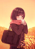 1_female autumn bag bangs black_coat black_skirt blunt_bangs blurry blurry_background blush breath brown_eyes brown_hair cowboy_shot depth_of_field evening explicit female high_resolution long_sleeves looking_at_viewer nagidango o open_mouth orange_sky original outside own_hands_together pleated_skirt point_of_view red_scarf safe scarf school_bag short_hair shoulder_bag skirt sky sleeves_past_wrists solo standing // 924x1306 // 1.2MB