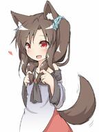 1_female 1girl alternate_hairstyle animal_ears animal_tail asymmetrical_hair brown_hair commentary_request dress ears explicit fang fangs female female_focus female_only hair_ornament hair_scrunchie heart imaizumi_kagerou long_hair natsu_no_koucha open_mouth ponytail red_eyes safe sankaku_channel scrunchie side_ponytail simple_background smile solo solo_female tail tail_wagging tied_hair touhou twintails white_background wolf_ears wolf_tail // 600x800 // 66.2KB