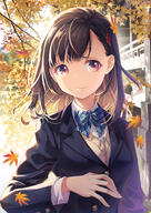 1_female 2d_art ahoge autumn autumn_leaves black_hair black_jacket blazer blazer_jacket blue_bow blue_neckwear bow bowtie breasts brown_hair building closed_mouth commentary_request day explicit eyebrows_visible_through_hair falling_leaves female h2so4 hair_ornament hairclip hairpin hand_up high_resolution jacket jewelry leaf long_hair long_sleeves looking_at_viewer medium_hair motion_blur original outside partial_commentary pixiv_77728085 point_of_view purple_eyes questionable safe sankaku_channel school_uniform small_breasts smile solo striped striped_bow striped_neckwear sunlight tree uniform upper_body 秋 // 1273x1800 // 1.6MB