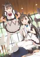 1_male 1boy 2_females 2girls angry bangs black_bow blue_bow blush bow brown_hair ceiling chair coffee_mug cup female hair_bow hair_ornament hands_on_hips high_resolution hips holding holding_object holding_tray leaning leaning_forward long_hair looking_at_viewer lying maid male mug multiple_females multiple_girls o on_stomach original pantyhose pink_eyes point_of_view red_bow safe short_sleeves squatting sweat sweatdrop thighhighs tray tsubure_manjuu very_long_hair white_legwear window wrist_cuffs // 1254x1770 // 1.5MB
