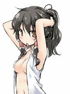 1_female 1girl armpits arms_up bangs black_hair blush breasts brown_eyes cleavage explicit eyebrows_visible_through_hair female female_focus female_only frilled_hair_tubes gloves hair_between_eyes hair_tie hair_tie_in_mouth hair_tubes hairdressing hakurei_reimu long_hair looking_at_viewer medium_breasts mouth_hold natsu_no_koucha navel no_bra open_clothes open_shirt point_of_view ponytail questionable sankaku_channel shiny shiny_hair shirt sidelocks simple_background sleeveless sleeveless_shirt solo solo_female tareme tied_hair touhou tying_hair upper_body white_background white_gloves white_shirt // 600x800 // 68.4KB