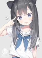1_female 1girl animal_ears artist_name bangs black_hair blue_eyes blue_neckwear blush capriccio caprin134 closed_mouth commentary_request ears eyebrows_visible_through_hair female grey_background hair_between_eyes hand_up index_finger_raised long_hair looking_at_viewer neckerchief original original_character p safe sailor_collar school_uniform schoolgirl_uniform serafuku shirt short_sleeves simple_background smile solo tongue tongue_out uniform upper_body watermark white_sailor_collar white_shirt かぷりちお べっ んべっ // 717x1000 // 221.1KB
