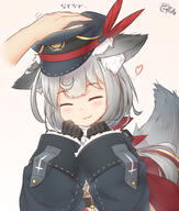 1_female 1girl ^_^ aiguillette animal_ears animal_tail belt black_gloves closed_eyes closed_mouth commentary_request coreytaiyo dated ears ears_down explicit eyes_closed female gloves hand_on_another's_head hand_on_head hat headpat heart high_resolution long_sleeves military military_hat original patting_head peaked_cap petting safe short_hair signature silver_hair simple_background smile solo_focus tail wolf_ears wolf_tail // 1760x2076 // 2.7MB