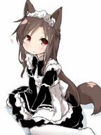 1_female 1girl alternate_costume animal_ears animal_tail apron black_dress brown_hair commentary_request dress ears enmaided explicit female female_focus female_only heart imaizumi_kagerou long_hair looking_at_viewer maid maid_headdress natsu_no_koucha pantyhose point_of_view red_eyes safe sankaku_channel simple_background sitting smile solo solo_female tail touhou white_background white_legwear wolf_ears wolf_tail younger // 600x800 // 76.2KB