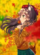 1_female animal_ears autumn autumn_leaves bag bangs beret blurry blurry_background brown_scarf cat_ears closed_mouth commentary_request depth_of_field ears eyebrows_visible_through_hair falling_leaves female floating_hair from_side green_skirt handbag hat headwear high_resolution holding holding_leaf leaf lips long_hair long_sleeves looking_afar looking_away orange_sweater original outside plaid plaid_scarf pleated_skirt profile red_hat red_headwear ribbed_sweater safe scarf skirt sleeves_past_wrists smile solo sweater tareme toujou_mina upper_body wind // 1000x1364 // 1.5MB
