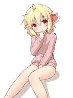 1_female 1girl ahoge alternate_costume bare_legs between_legs blonde_hair blush danbooru explicit female hair_between_eyes hair_ornament hair_ribbon hand_between_legs hand_on_own_chin head_tilt legs looking_at_viewer natsu_no_koucha pink_sweater point_of_view red_eyes red_ribbon ribbon rumia safe shadow short_hair simple_background sitting smile solo sweater touhou turtleneck turtleneck_sweater white_background // 600x800 // 48.3KB