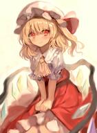 1_female ascot bangs blonde_hair closed_mouth eyebrows_visible_through_hair female flandre_scarlet fuupu hat headwear high_resolution lolibooru.moe mob_cap puffy_short_sleeves puffy_sleeves red_eyes safe short_hair short_sleeves sitting smile solo touhou white_headwear wings yellow_background yellow_neckwear // 994x1352 // 125.2KB