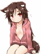 1_female 1girl animal_ears animal_tail breasts cardigan danbooru ears ears_down explicit female female_only flying_sweatdrops hood hoodie imaizumi_kagerou long_hair naked_cardigan naked_hoodie natsu_no_koucha open_cardigan open_clothes questionable red_eyes sankaku_channel sitting small_breasts solo sweat sweater tail touhou wolf_ears wolf_tail // 480x640 // 50.0KB