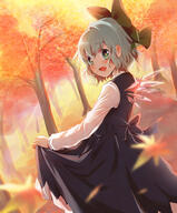 1_female aqua_eyes autumn bangs blue_dress blue_hair bow cirno clothes_lift commentary commentary_request dress dress_lift explicit fangs female hair_bow high_resolution ice ice_wings kuromame_(8gou) lifted_by_self long_sleeves looking_at_viewer open_mouth outside point_of_view safe short_hair skirt_hold sleeveless sleeveless_dress smile solo touhou tree wings // 1200x1453 // 1.4MB