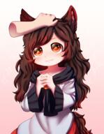 1girl 3 absurdres animal_ears brooch brown_hair chibi disembodied_limb dress dungeon_toaster hand_on_another's_head hand_on_head headpat highres huge_filesize imaizumi_kagerou jewelry long_hair long_sleeves looking_up out_of_frame petting red_eyes sparkle sparkle_background sparkling_eyes tail touhou white_dress wolf_ears wolf_girl // 2500x3214 // 14.1MB