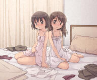 2_females 2d_art atfbooru.ninja barefoot bed blush brown_eyes brown_hair camisole clothes_on_bed clothes_removed creator curtains explicit female flat_chest hand_on_lap inside lifted_by_self loli lolibooru.moe long_hair looking_at_viewer multiple_females nightgown on_bed original original_character pajamas parted_lips pillow pixiv_38021268 point_of_view questionable safe short_hair side-by-side sitting sitting_sideways slip spaghetti_strap tanutanu3 underwear young スリップ姿に定評のある作者 中学生 二人一緒に……・その2 // 1030x851 // 428.0KB