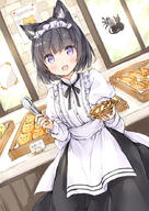 1_female ame27 animal_ear_fluff animal_ears apron arrow_(symbol) bakery bangs black_hair black_skirt blush bread brick_wall cat_ears commentary d directional_arrow ears eyebrows_visible_through_hair fangs female food holding inside kemonomimi komugi_(wataame27) long_sleeves looking_at_viewer open_mouth original original_character photoshop_(medium) point_of_view puffy_short_sleeves puffy_sleeves purple_eyes safe shirt shop short_hair short_over_long_sleeves short_sleeves skirt smile solo standing tongs translated uniform waist_apron wataame27 white_apron white_shirt window ご試食はいかがですか？ わたあめ ダイエットの敵発見 パン屋 // 627x885 // 461.6KB