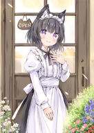 1_female animal_ear_fluff animal_ears apron bangs black_bow black_hair black_skirt blue_flower blush bow cat_ears closed_mouth commentary_request door ears eyebrows_visible_through_hair female flower hand_up juliet_sleeves komugi_(wataame27) long_sleeves looking_at_viewer original partial_commentary photoshop_(medium) pink_flower point_of_view puffy_sleeves purple_eyes red_flower safe shirt short_hair skirt smile solo waist_apron wataame27 white_apron white_flower white_shirt // 627x885 // 454.6KB
