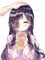 1girl ^_^ airy45525312 black_hair blush burn_scar closed_eyes commentary commission english_commentary facing_viewer food hamburger hand_on_another's_head headpat heart highres holding holding_food ikezawa_hanako katawa_shoujo long_hair long_sleeves petting scar simple_background smile solo_focus upper_body white_background // 1670x2230 // 332.7KB