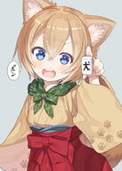 1_female 1girl animal_ear_fluff bangs blue_eyes blush bow brown_kimono capriccio commentary_request copyright_request d eyebrows eyebrows_visible_through_hair female grey_background hair_between_eyes hakama holding japanese_clothes kimono light_brown_hair long_sleeves looking_at_viewer mahjong mahjong_tile open_mouth red_bow red_hakama round_teeth safe series short_eyebrows simple_background smile solo tail teeth thick_eyebrows translated translation_request upper_teeth wide_sleeves // 712x1000 // 207.2KB