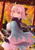 1_female ahoge arm_guards autumn autumn_leaves bangs black_bow black_scarf blurry blurry_background blush bow brown_eyes closed_mouth commentary_request cowboy_shot danbooru depth_of_field explicit eyebrows_visible_through_hair fate fategrand_order fatestay_night female gauntlets gelbooru green_eyes hair_between_eyes hair_bow hair_ornament haori holding holding_sheath japanese_clothes katana kimono koha-ace looking_at_viewer looking_to_the_side mamekosora okita_souji okita_souji_(fate) okita_souji_(fate)_(all) pink_hair point_of_view ribbon saber safe safebooru sankaku_channel sato_ame satou_ame scarf sheath sheathed short_hair short_kimono silver_hair smile solo standing sunset sword traditional_clothes tree weapon white_kimono // 600x847 // 187.4KB