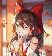 10s 1_female 2016 autumn autumn_leaves bare_shoulders blurry bow breasts commentary cravat day depth_of_field detached_sleeves dr_poapo explicit eyebrows eyebrows_visible_through_hair eyelashes falling_leaves female finger_to_mouth grin hair_between_eyes hair_bow hair_tubes hakurei_reimu index_finger_raised leaf light_particles long_hair long_sleeves looking_at_viewer maple_leaf motion_blur one_eye_closed point_of_view pole popuru red red_bow red_eyes red_theme ribbon-trimmed_sleeves ribbon_trim safe shrine_maiden shushing sidelocks signature small_breasts smile solo teenage_girl touhou upper_body wide_sleeves れいむ 神社 落葉 // 700x757 // 447.9KB