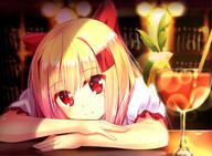 1_female bad_id bad_pixiv_id blonde_hair blush bow cocktail cocktail_glass drink explicit female girl hair_bow hair_ornament hair_ribbon inside light_smile long_hair looking_at_viewer md5_mismatch original red_eyes red_ribbon ribbon safe sankaku_channel short_hair single smile solo yan_(nicknikg) // 1525x1117 // 1.2MB